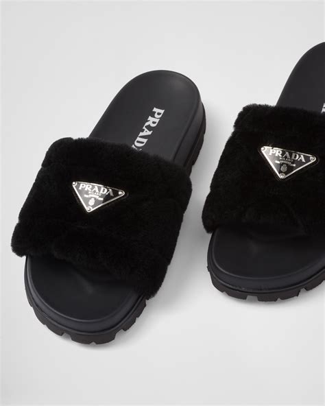 prada gold slides|prada shearling slides.